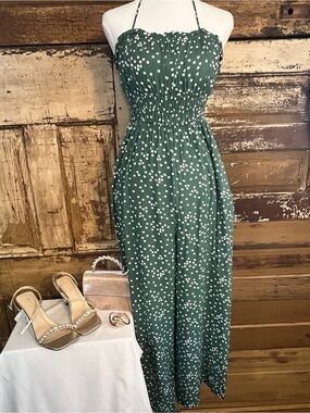 Audrey Park by Francesca’s | Green Polka Dot Smocked Jumpsuit | Size M NWOT